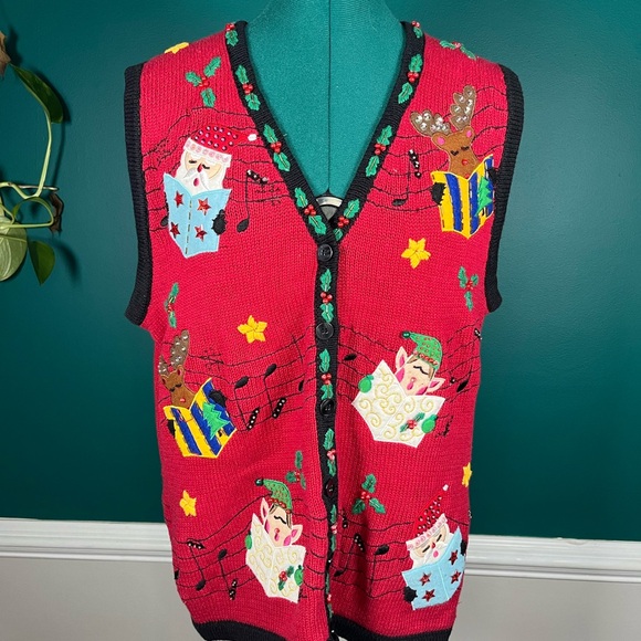Vintage Festive Red Holiday Sweater Vest - Picture 1 of 7